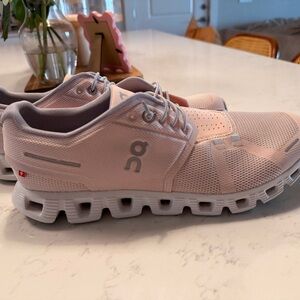 On Running Light Pink and Gray Shoes